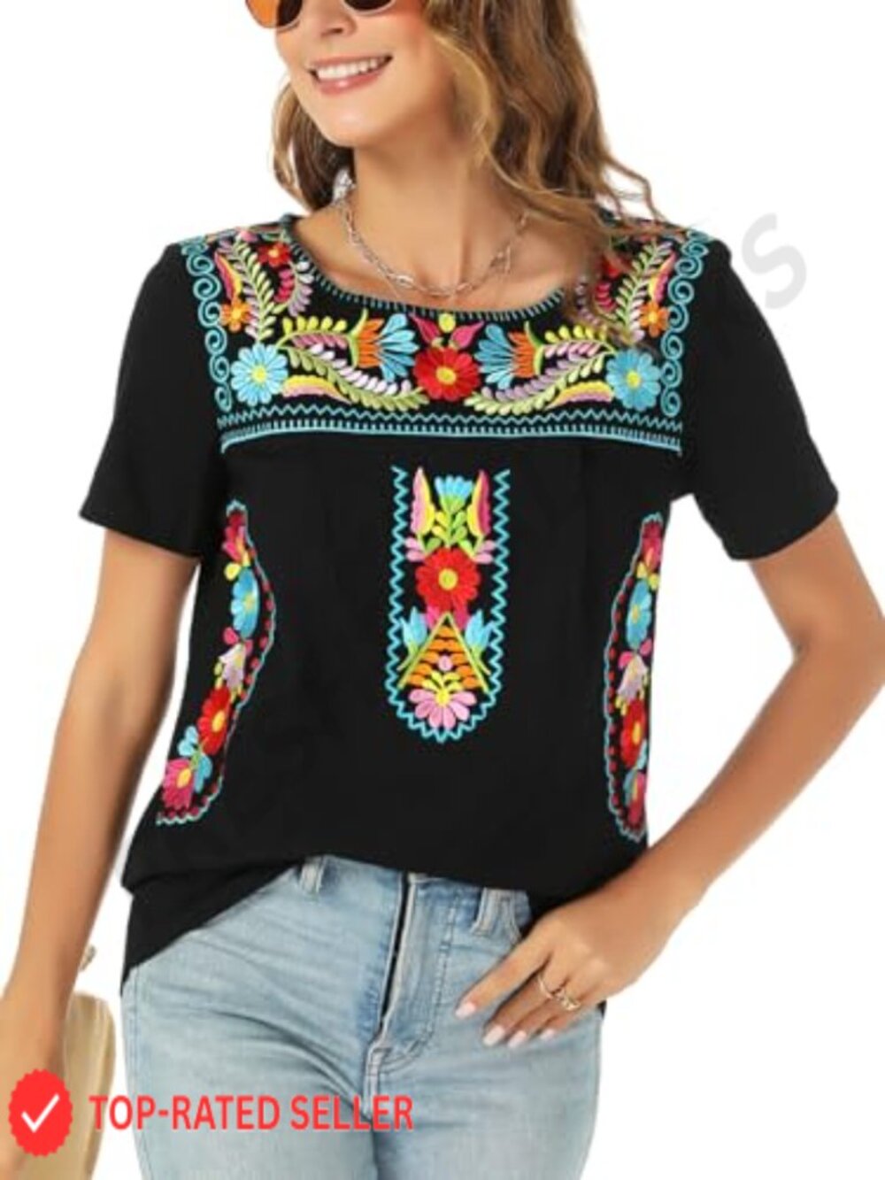Mexican Embroidered Floral T-Shirt Short Sleeve Fiesta Cinco De Mayo Top